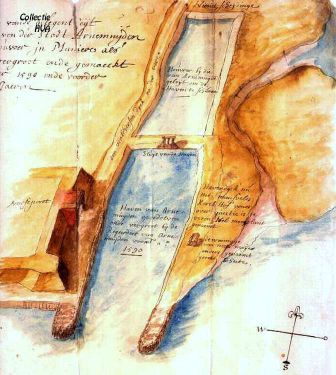 Een ingekleurde tekening uit het archief van een gedeelte van de stadswal en de Veersche Poort, de Walcherse dijk naar Veere en het haventje met de daarachter liggende houwer uit 1590.