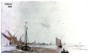 Gezicht op Arnemuiden vanaf de zoutketen. In het vaarwater is de verlanding goed te zien.