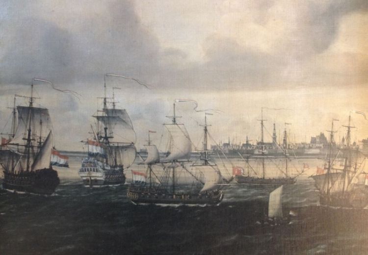 Scheepvaart op de rede van Vlissingen omstreeks deze jaren. Op de afbeelding het Franse oorlogsschip De Bourbon na de verovering door Zeeuwse kaperkapiteins in 1707.