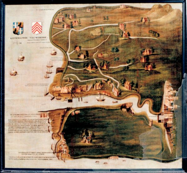 Schilderij uit de raadszaal van het Arnemuidse stadhuis, voorstellende Nieuwerkerke, oud-Arnemuiden, de Hayman en Welsinge met in de linkerhoek de wapens van Radermacher en Nieuwerkerke, waaronder 1724.