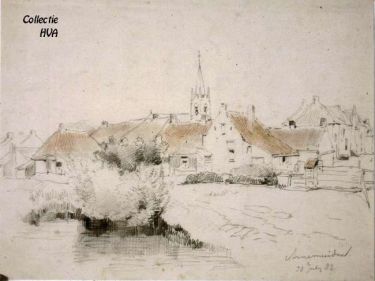 De nieuwgebouwde kerk met toren naar een in 1883 gemaakte pentekening.