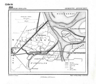 Plattegrond van Arnemuiden en omgeving van 1866.