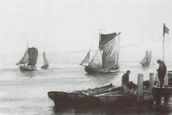 Aquarel van hoogaarzen, terugkerend van de visserij.